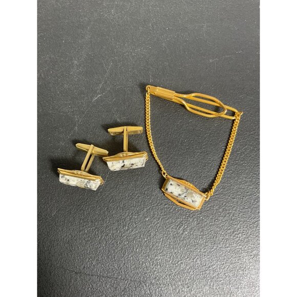 Vintage Mens Cufflinks & Tie Clip Set Gold Tone With Stone Inlay - Picture 2 of 4